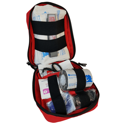 Tactical IFAK – Advanced first aid kit with hemostatic gauze, tourniquet, and trauma tools, shown belt-mounted for field use.SquatchSurvivalGear