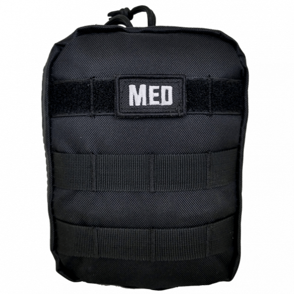 Tactical IFAK – Advanced first aid kit with hemostatic gauze, tourniquet, and trauma tools, shown belt-mounted for field use.
