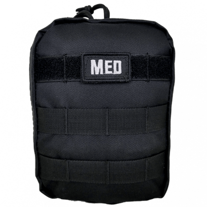 Tactical IFAK – Advanced first aid kit with hemostatic gauze, tourniquet, and trauma tools, shown belt-mounted for field use.
