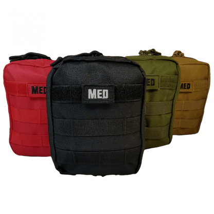 Tactical IFAK – Advanced first aid kit with hemostatic gauze, tourniquet, and trauma tools, shown belt-mounted for field use.