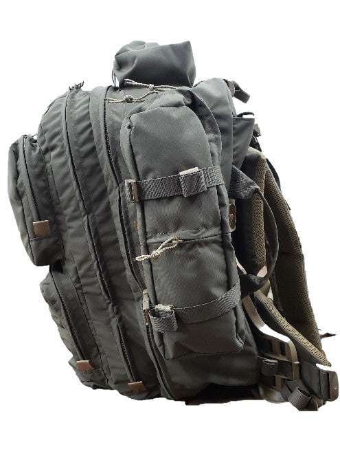 Ranger Green 55 Liter pack side view -back country gear - outdoor camping - backpack - tactical gear - tactical kit - survival offgrid survival  - pack - survival hunting gear - internet packs - squatch survival gear - made in america packs - made in the usa - 