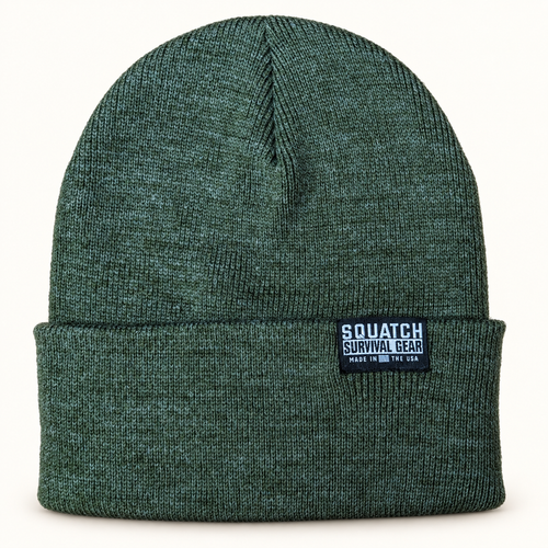 Heather green Squatch Survival Gear beanie made in Minnesota, USA