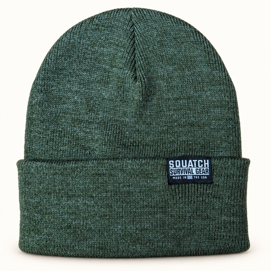 Heather green Squatch Survival Gear beanie made in Minnesota, USA