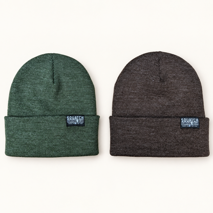 Heather green and heather brown Squatch beanies made in Minnesota, USA
