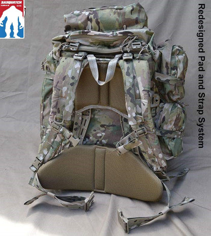 heavily pacced straps and webbing handle attached to frame - Lid zuipper pocket and rear of top lid pocket with molle webbing - padded kidney pad - framed ruck - chest strap - waist band strap - bigfoot - sasquatch - three side pockets shown - ocp - sof rucksack - military style ruck sack - go ruck - hiking - stay alive - alone - Yowie Ruck sack. - SquatchSurvivalGear