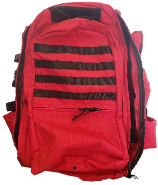 fireman red pack - 40 liter backpack - hiking backpack - emergency packs - survival packs - bugout bag -  500 D - framed hiking pack - hiking equipment - outdoor life - internal frame - usa made - American made - rock ape -  bigfoot - backpack - overland - e3 overland - overlander  - back country gear- off road - offroad